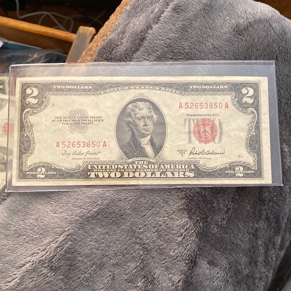 1953 SERIES A RED SEAL NOTE $2 bill in AU SHAPE